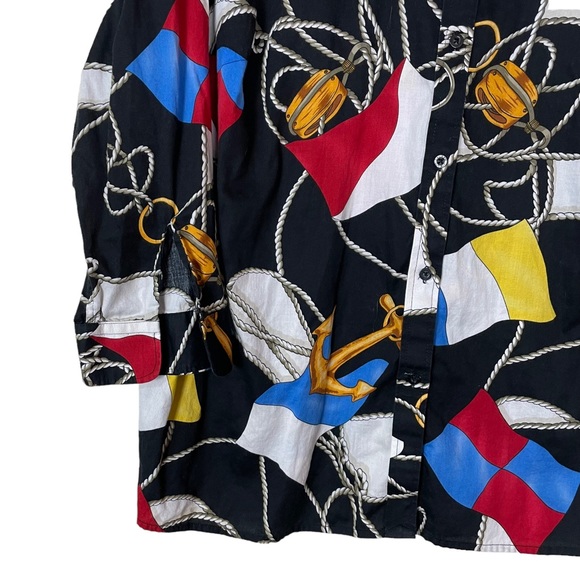 Vintage LRL Nautical Gaudy Busy Allover Button-down Blouse 3/4 Flowing Sleeve 1X - Picture 5 of 15